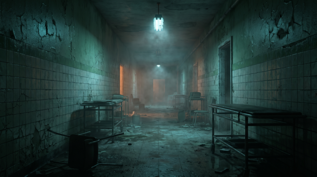 Immersive horror experience London - eerie asylum corridor at Horror Escape