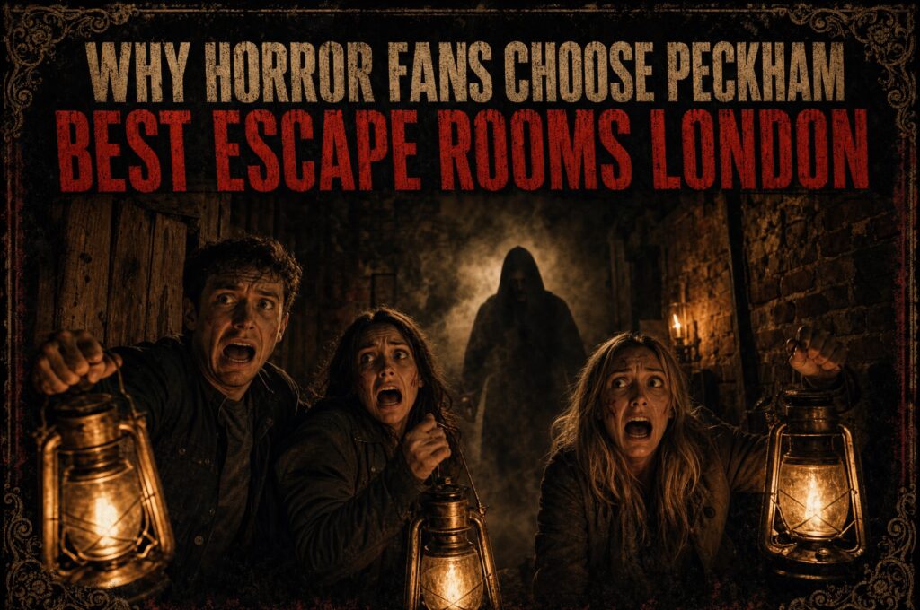 Terrified players holding lanterns in a dark Peckham horror escape room