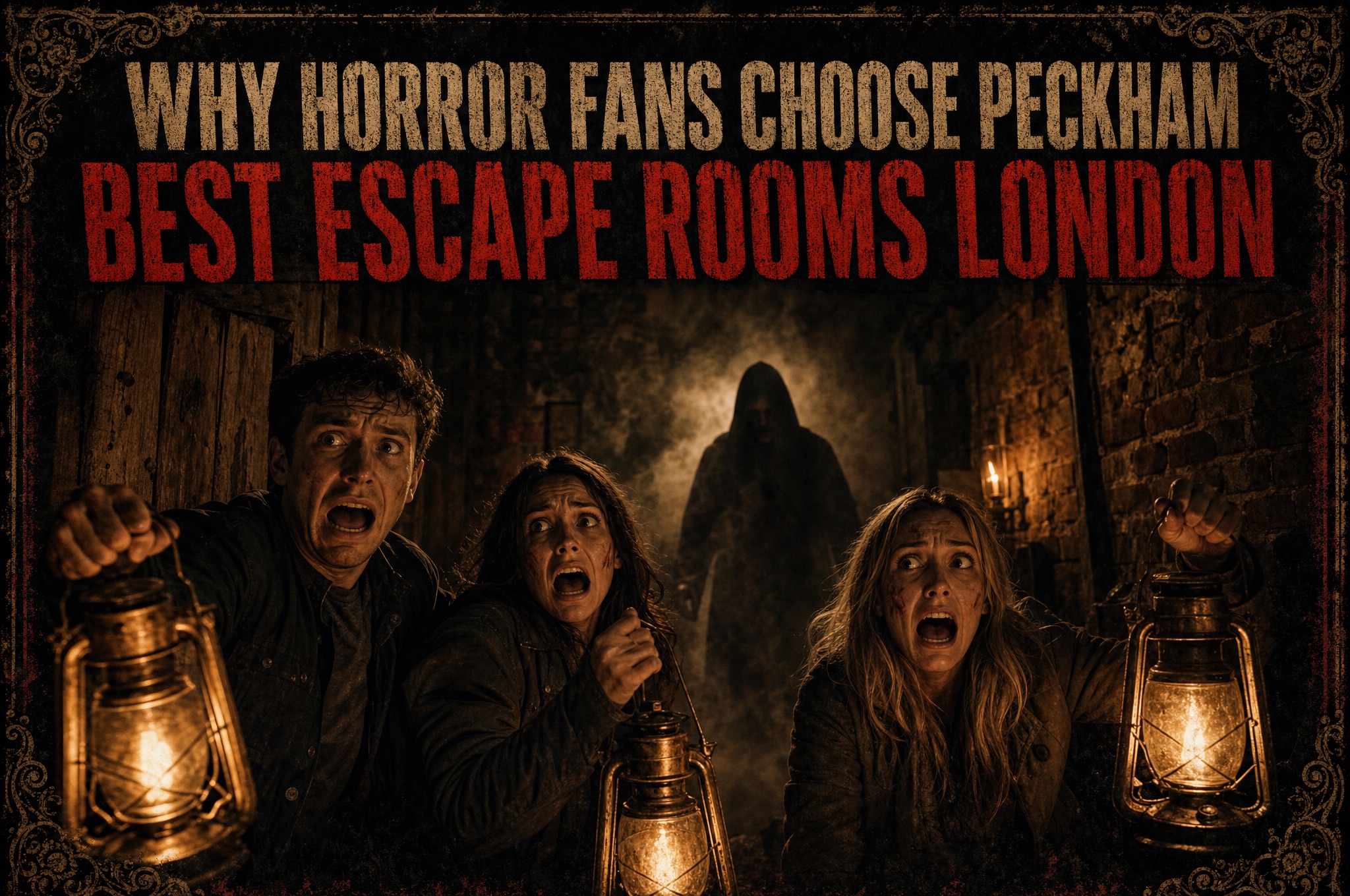 Terrified players holding lanterns in a dark Peckham horror escape room