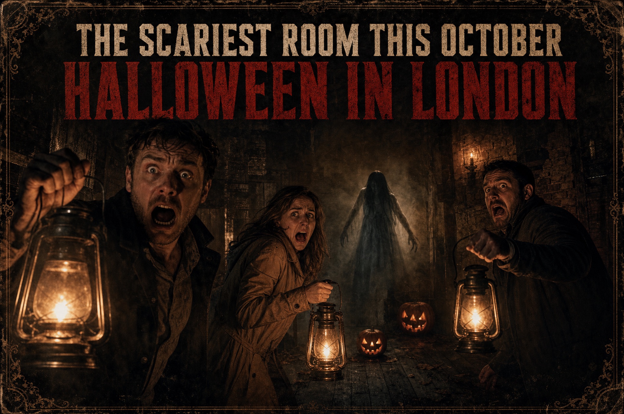Ghostly figure and carved pumpkins in a Halloween escape room in London