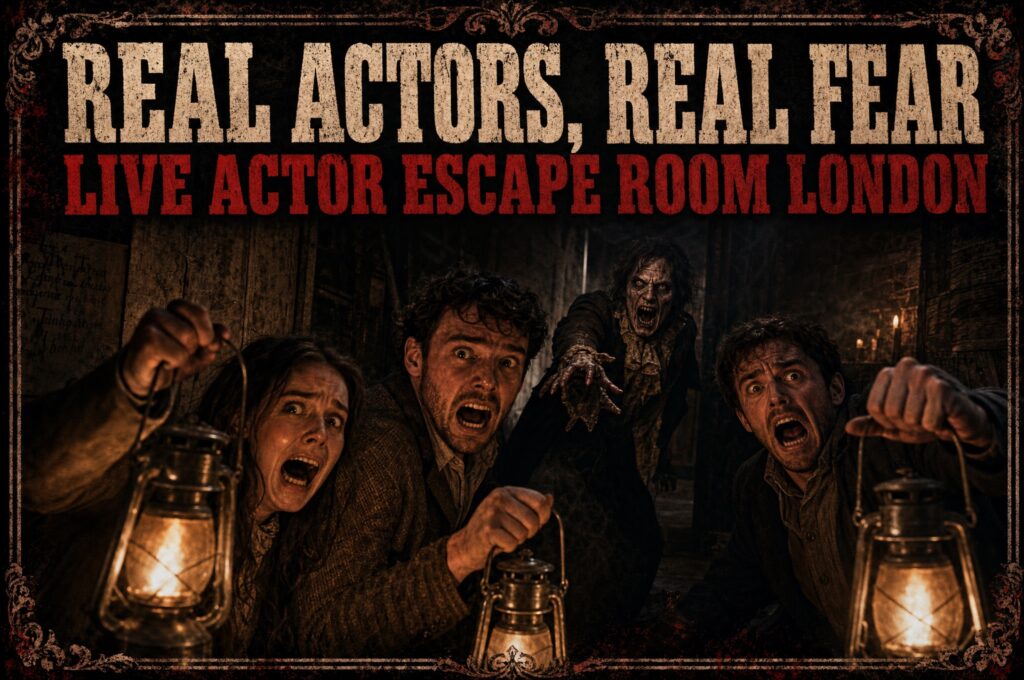 A live actor in horror make-up lunging at players in a London escape room