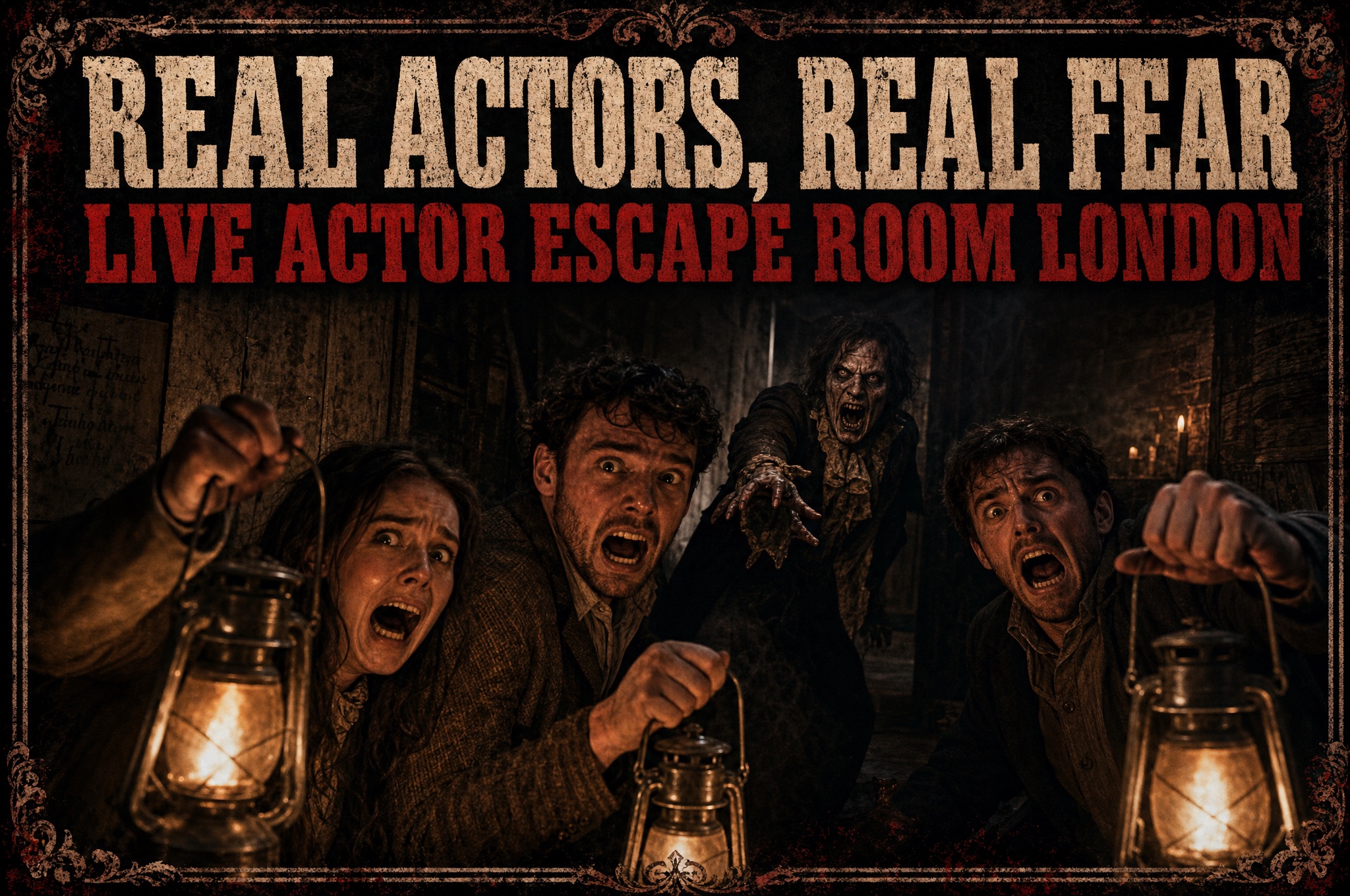 A live actor in horror make-up lunging at players in a London escape room